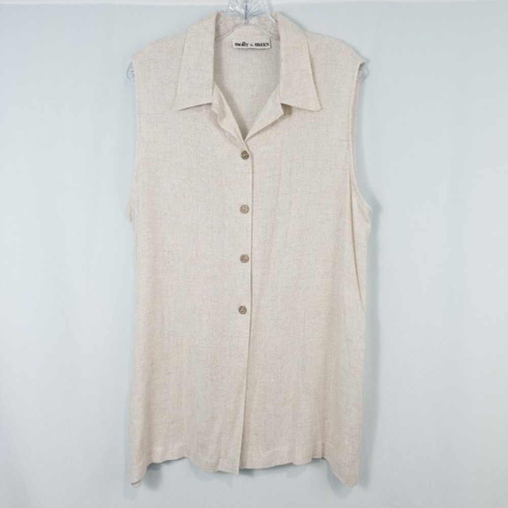 Molly & Maxx Rayon Linen Sleeveless Button Up Top‎ Large Oatmeal Beach Coastal